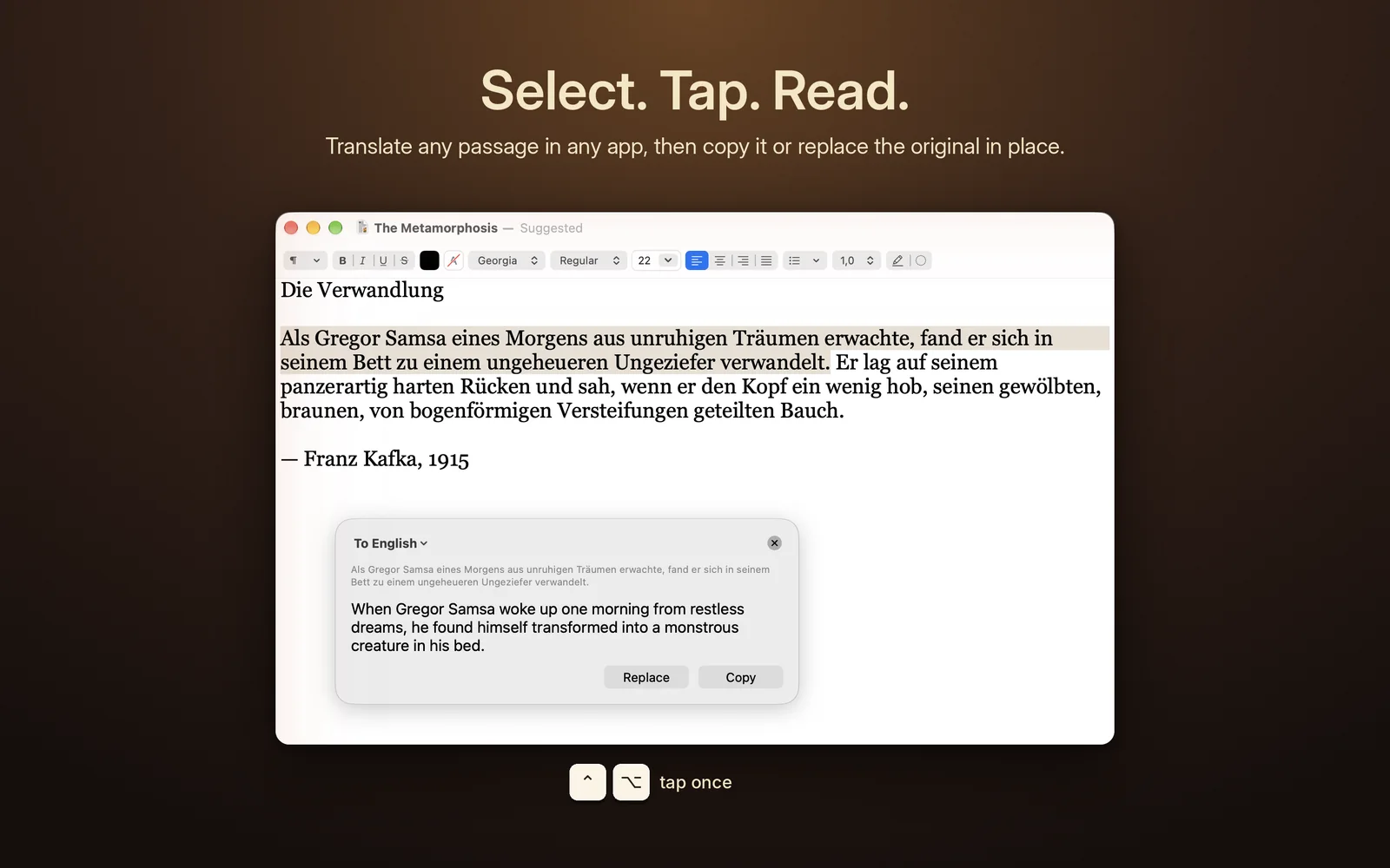 A selected German passage translated into English in a popup with Replace and Copy