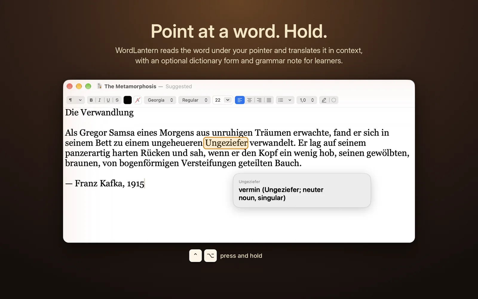 Holding the shortcut over the word Ungeziefer shows vermin with a grammar note