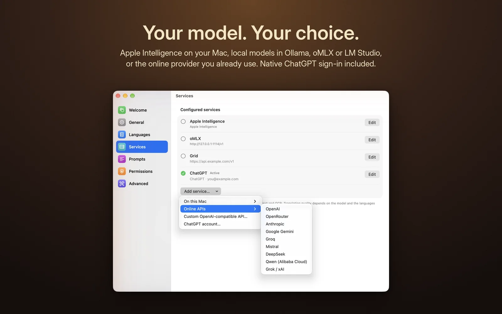Services: Apple Intelligence, local models and online providers