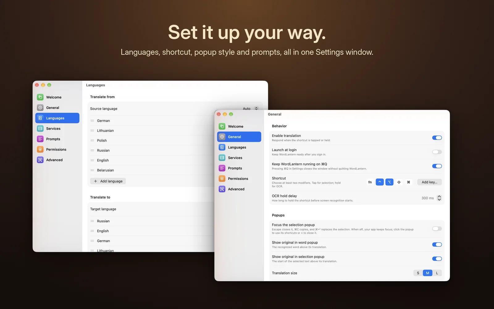 Settings for languages, shortcut and popups